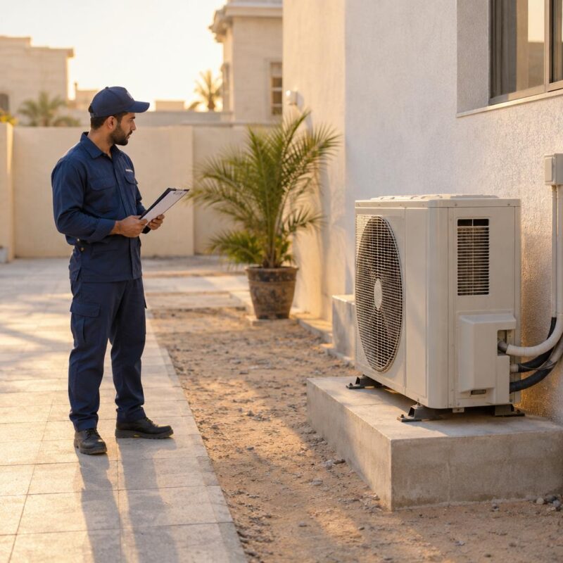 فني تكييف يقف أمام وحدة تكييف خارجية في فناء فيلا بالكويت ويمسك ورقة ملاحظات أثناء تقييم عودة ضعف التبريد
