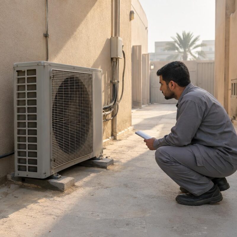 فني تكييف يجلس القرفصاء على مسافة آمنة من وحدة تكييف خارجية مروحتها متوقفة في فناء خدمات خلفي لمنزل بالكويت
