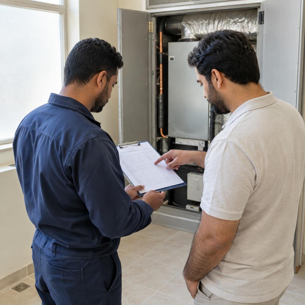 فني تكييف وصاحب منزل يراجعان ورقة تقرير بجانب غرفة خدمات تحتوي وحدة تكييف مركزي داخلية في منزل بالكويت