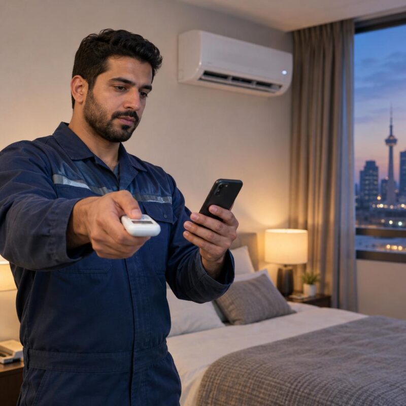 فني تكييف في غرفة نوم بشقة في الكويت يوجّه مقدمة ريموت مكيف نحو كاميرا هاتفه أثناء الضغط على زر