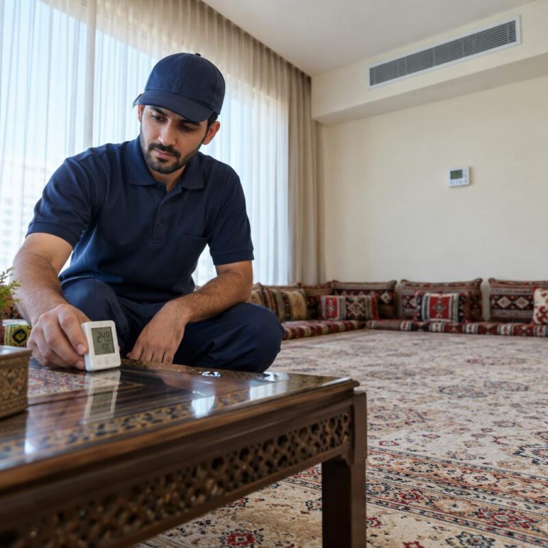 فني تكييف راكع يضع ميزان حرارة رقمياً صغيراً على طاولة جانبية في مجلس منزل بالكويت وثرموستات جداري يظهر في الخلفية