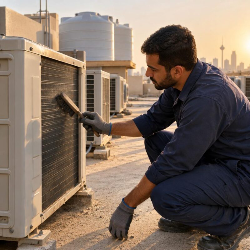فني تكييف يمسح زعانف ملف مكثف في وحدة خارجية بفرشاة ناعمة على سطح مبنى سكني في الكويت وقت العصر